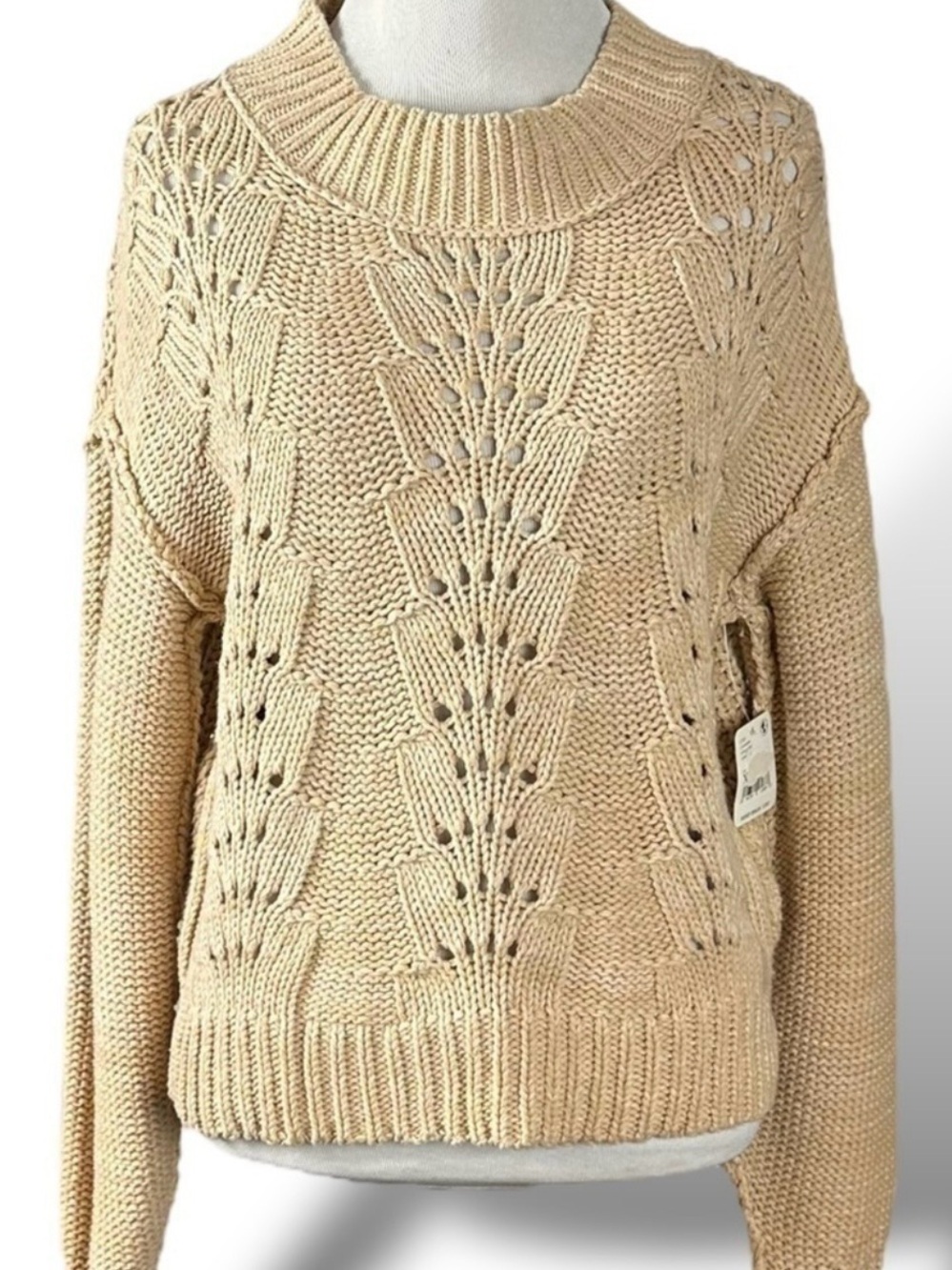 Free People Dainty Cottage Pointelle Crewneck Sweater in Neutral Tan Size XS NWT